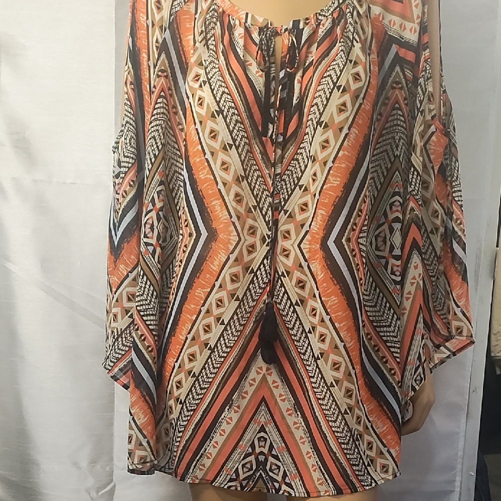 Black Rainn Orange and Cream Tunic with Graphic Tie Front